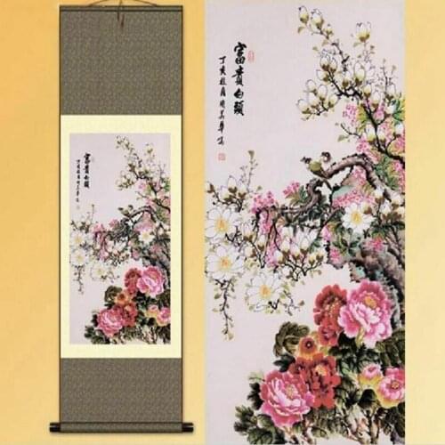1pc Traditional silk art Home Decoration Chinese Silk scroll painting peony Gongbi painting S145