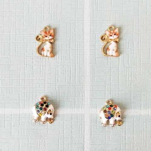 10pcs Rhinestone Elephants Cats Enamel Charms Cute Little Animal Pendants Charm For Fashion Jewelry DIY Earring Bracelet Finding