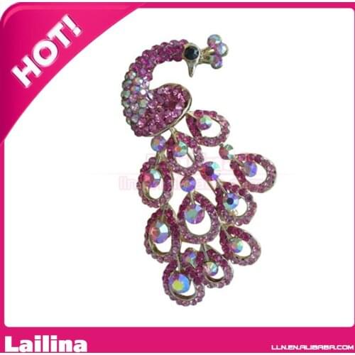 50pcs/Lot Gold-tone Pink Rhinestone Crystal Peacock Brooch Pin