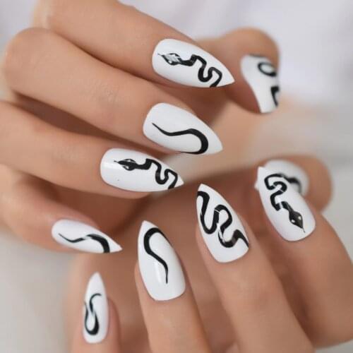 Nail Art False Nails Stiletto Tips White Press Ons Medium With Glue Sticker Snake Display Design False Artificial Nail Decorativ