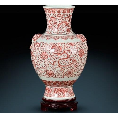 Antique Pastel Glazed Red Vases Jingdezhen Ceramics Hand Painted Lotus Branches Chinese Living Room Decorations porcelain vase