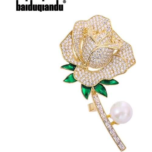 Baiduqiandu Cubic Zircon Rose Flower Brooches Pins For Women Girls Pink/Gold/Silver 3-Color Plant Pins Wedding Party Gift