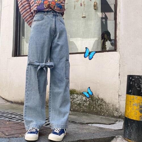 Jeans Women Bowknot Wide Leg Denim Trousers Loose Simple Leisure Cute High Waist Korean 2020 New Trend Autumn Casual Woman Jeans