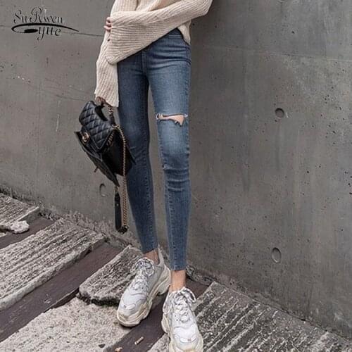 Stretchy High Waist Jeans Woman Skinny Pencil Jeans Ripped Hole Elastic 2021 Denim Trousers Plus Size Womens Clothing 10396