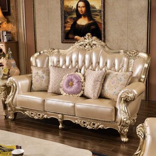 European Leather Sofa High-end Leather Art Combination Luxury Solid Wood Villa Gold Leaf Palace Sofa Arge Apartment Furniture