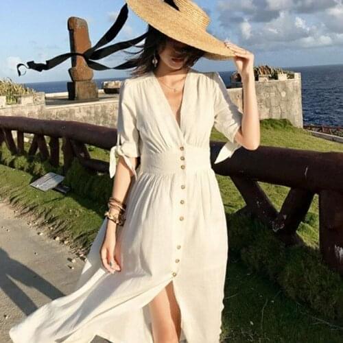 GOOHOJIO New 2020 Women Beach Holiday Dresses Spring Summer Elegant Sexy V-Neck Pleated Vintage Buttons Long White Dresses