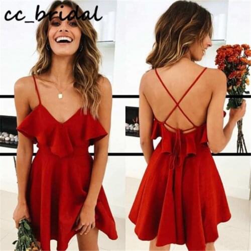Deep V-neck Short Cocktail Dresses for Women 2020 Red Cross Backless Dress Woman Party Night vestido coctel mujer elegant