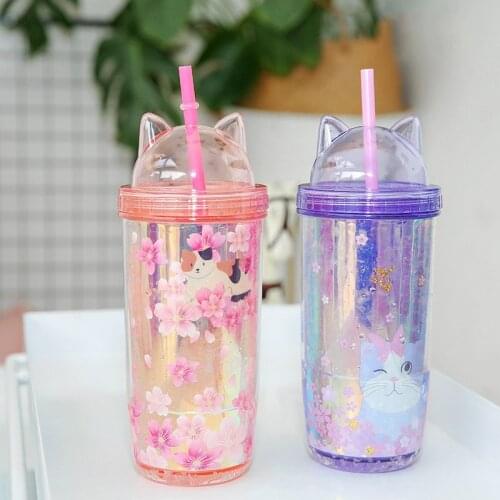Creative Cat Ear Plastic Cups BPA Free Water Bottle with Straw Flash Film Double-Layer Straw Cup Reusable Tumbler Cup Coffee Mug