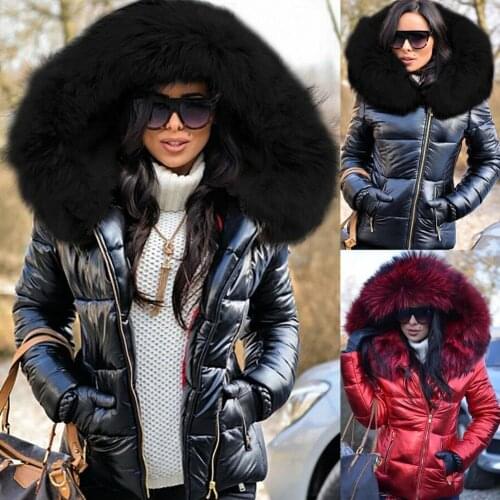 Women Autumn Winter Warm Long Jackets Women Fur Collar Down Jacket Faux Fur Hood Zipper Warm Down Coat Outdoor Parka Outerwear