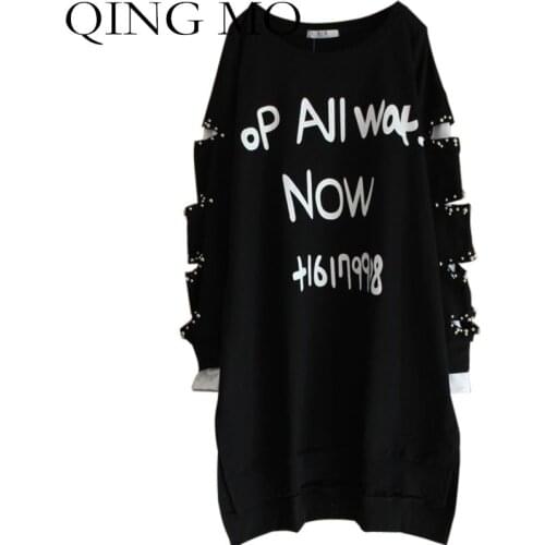 Hot Women Large Size T shirt 2021 Spring Autumn Beading Hole Shirt Letters Printing Long Sleeve Mid-length Shirt Dress LHXX212
