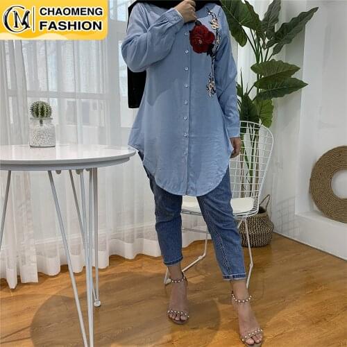 Fashion Denim Embroidery High Quality Muslim For Women Casual Tops Malaysia Turkey Arabic Islamic Clothing Shirt Blouse Mujer