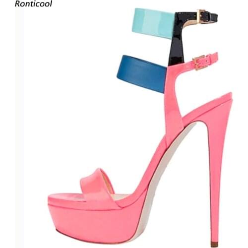 Ronticool Handmade Women Platform Sandals Ankle Strap Sexy Stiletto Heel Open Toe Gorgeous 11 Colors Party Shoes US Size 5-20