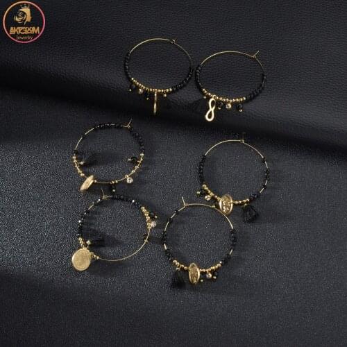 Akizoom New Black Color Bead 14K Gold Earring Hoop Bohemia Dangle Beautiful Earrings for Women Girls Party Jewelry Birthday Gift
