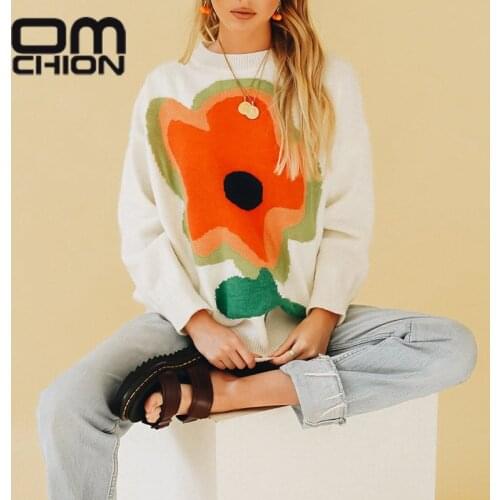 OMCHION Sueter Mujer 2021 New O Neck Long Sleeve Floral Oversized Sweater Women Casual Loose Embroidery Pullover Knitted Jumper