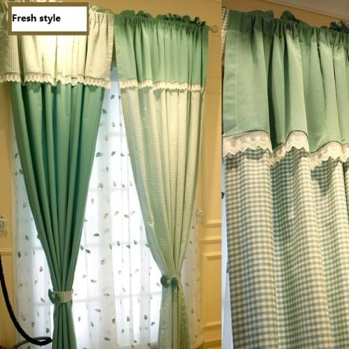 Spring Customize Green Checks Lace Edge Curtains Rural Grid Princess Style Curtain Living Room Bedroom Embroidery Tulle Curtain