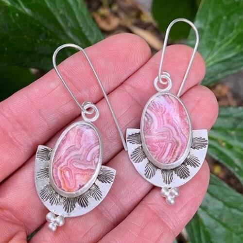 Vintage Pink Oval Natural Stone Earrings For Sweet Girl Tibetan Jewelry Lock Shape Antique Flower Metal Dangle Earrings