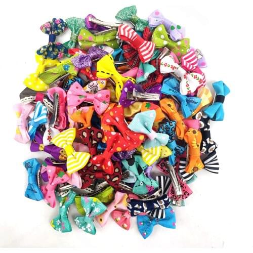 On Sale 100 pcs Pet Dog Cat Hair Bow Clips Cute Bowknot Style 4CM Dog Hair Alloy Clip Mix Color Pet Grooming Accessories Hairpin