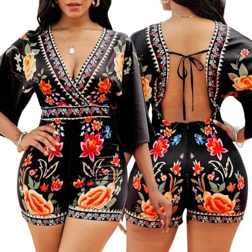 Womens clothing, V-neck printing, ethnic style holiday jumpsuit, womens clothing