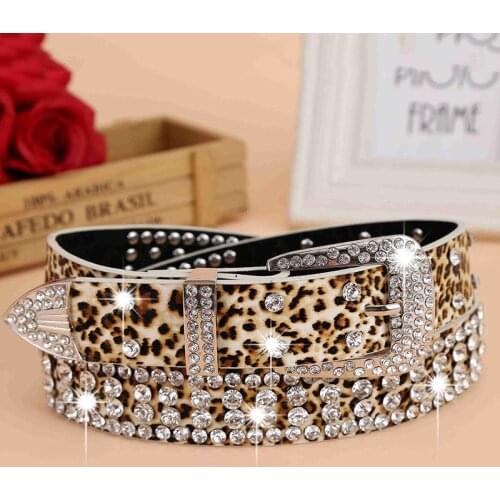 Sexy Leopard Belts Ladies Fashion Korean Style Rhinestones Wide Alloy Buckle 108*4.5cm High Quality PU Accessories Waistband