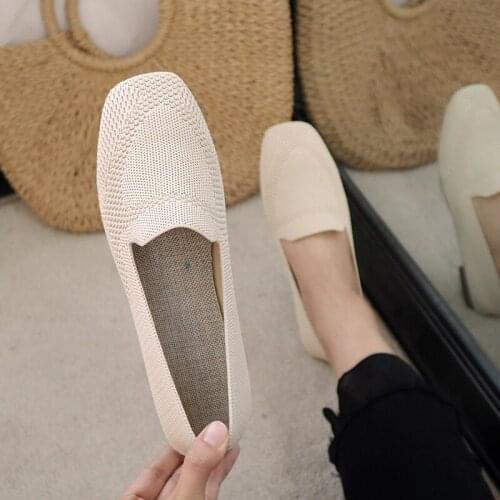 Spring New Ballet Flats Women Square Toe Knit Fabric Loafers Breathable Flat Heel Drive Shoes Driving Sneaker