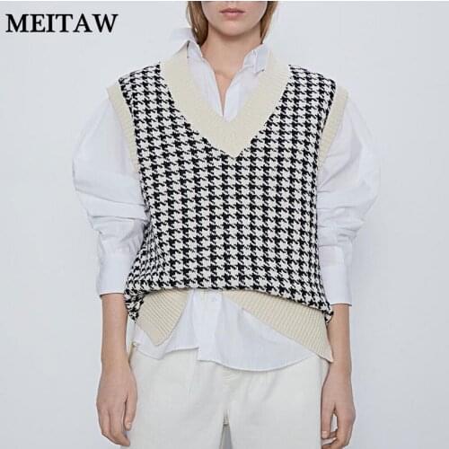 Women Knitted Sweater Vintage Houndstooth Pullover 2020 Autumn V neck Sleeveless Casual Vest Korean Loose Tops