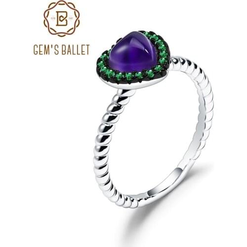 GEMS BALLET 925 Sterling Silver Heart Sweet Valentine Classic Band Ring 0.78Ct Solid Natural Amethyst Rings For Women Jewelry