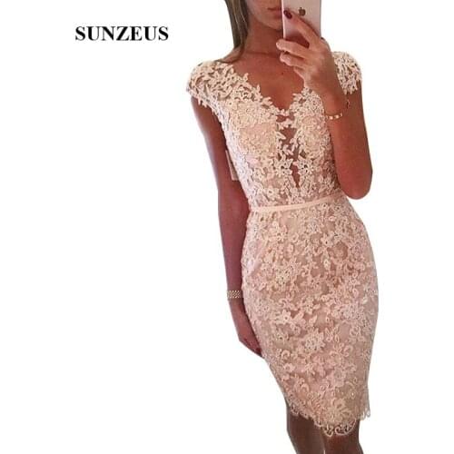 Sheath Cap Sleeve V-neck Appliques Bridesmaid Dresses Beaded Lace Women Party Gowns Knee Length Prom Wear