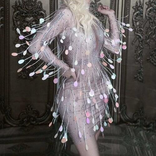 Sparkling Multicolor Sequin Fringes Women Dress Nightclub Singer Dance Stage Show Wear Evening Prom Party Costumes