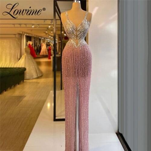 Heavy Beading Tassel Evening Dresses Customized Plus Pink Formal Party Dress 2021 Crystals Stones Arabic Prom Dresses Vestidos