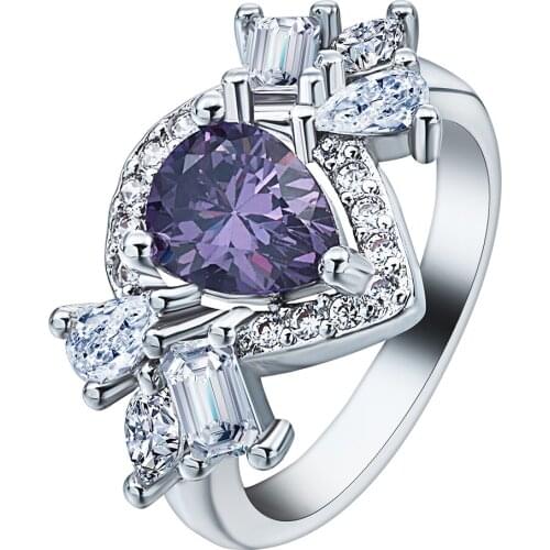 Purple Crystal created Purple White CZ zircon Heart Ring Vintage Wedding Rings For Women Fashion Jewelry Bague Femme