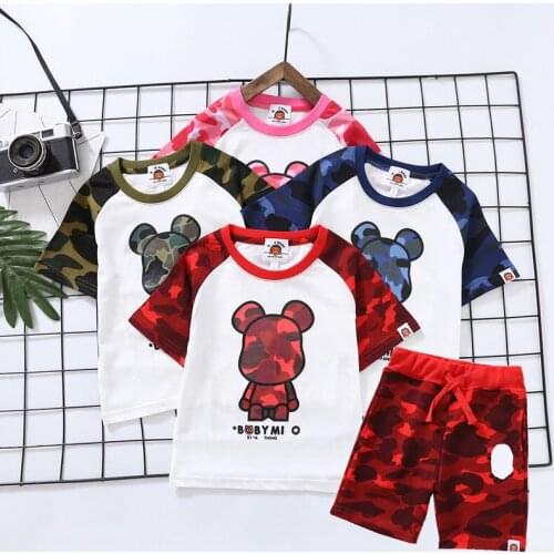 1 set Kids Boy Girls Cartoon RED Blue Camo Animal Printed Shirt Summer Short Shirts Tops and Short Pants Children Hip Hop Style