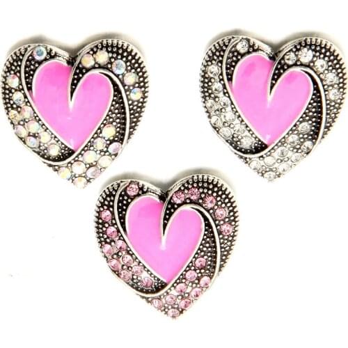 10pcs/lot New Snap Jewelry Ginger Love Crystal Heart Snap Buttons Fit Metal 18mm Snap Button Bracelet Bangle for Women Men
