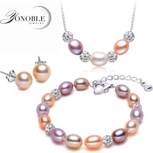 100% Wedding Freshwater Pearl Jewelry Sets,925 Sterling Silver Natural Pearl Necklace Earring Set Anniversary Gift