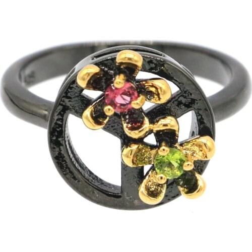 13x13mm Gothic Multi Color Flower Created Pink Tourmaline Peridot Cubic Zircon Women Cool Black Gold Silver Rings