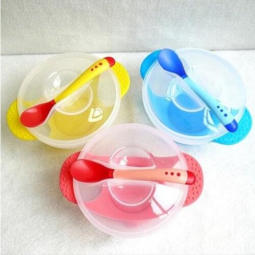 3pcs / lot Baby Kids Child Feeding Lid Training Bowl with Spoon cover Cartoon Binaural Baby FeedingTableware Children Plate Bowl