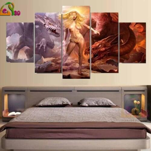 5d Diamond painting 5 pieces 5d Diy Full of round diamond home embroidery Decoration Dragon and nude young lady multi-picture