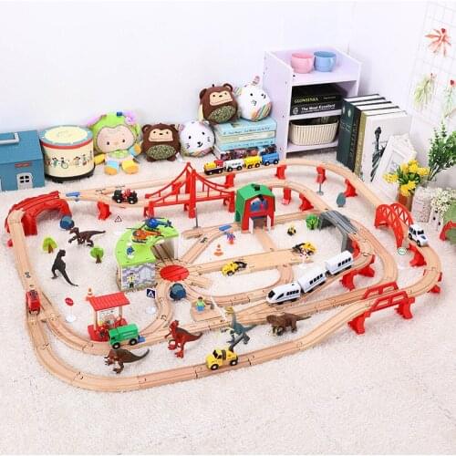 Wooden Train Track Set Dinosaur Wildlife Scene Wooden Train Track Toy Set Brio Railway Magical Bridge Accessories Toys For Child