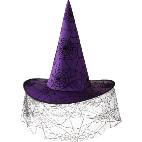 Women Girls Halloween Peaked Cap Veil Spiderweb Purple Satin Witch Hat Party Costume Accessory