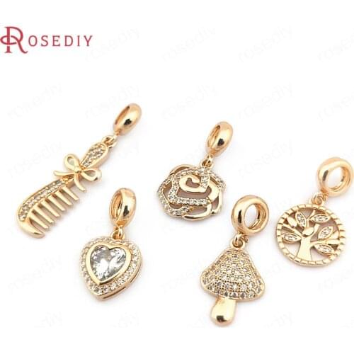 40667)6PC 24K Champagne Gold Color Brass and Zircon with Large Beads Bracelets Tree Charms Pendants Jewelry Making Supplies