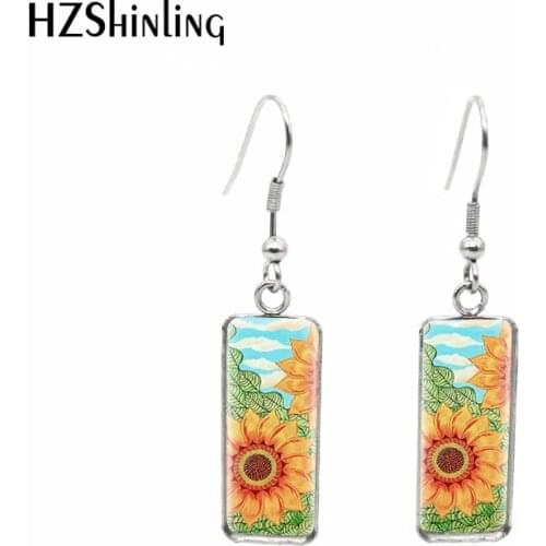 2019 New Yellow Sunflower Rectangular Earring Happy Flower Art Square Fish Hook Earring Picture Glass Jewelry
