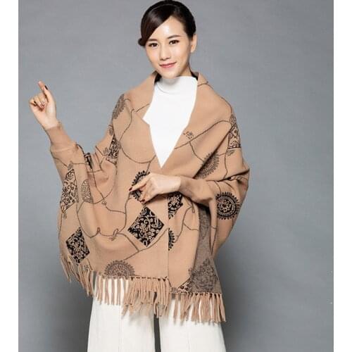 New cashmere Poncho shawl with sleeves women in autumn and winter thick warm double-sided solid tassel cloak girls