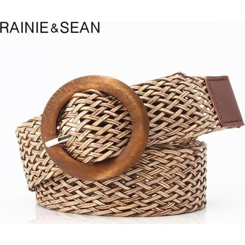 RAINIE SEAN Pu Leather Knitted Women Belt Vintage Ladies Belts for Dresses Ethnic Style Khaki Black Brown Female Waist Belt