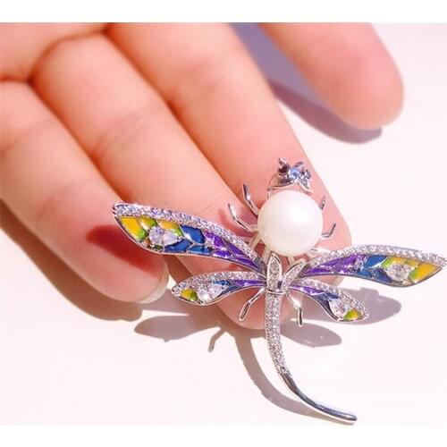 Luxury Rhinestone Dragonfly Brooches for Women Fashion Cubic Zirconia Enamel Pins Wedding Jewelry Decoration Insect Corsage Pins