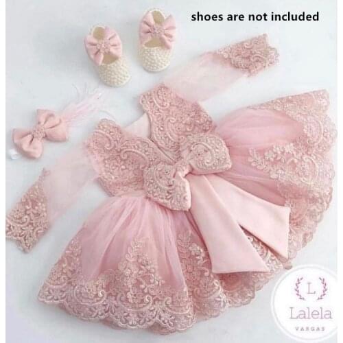 Long Sleeve Pink Lace Flower Girls Dresses Ball Gowns Bow Back Long Sleeve Pink Communication Dress Celebrity Dress Head Piece