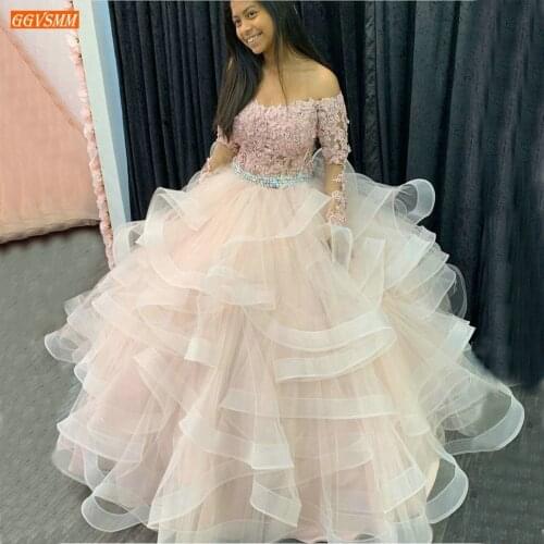 Sexy Pink Wedding Dress 2020 Lace Up Appliqued Ruffles Custom Made Wedding Gowns Long Sleeves Tulle Fluffy Women Bridal Dresses