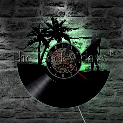 Surfing Beach LED Lighting Color Changing Vinyl Record Wall Clock Hawaii Surfing Water Sport Modern Wall Light