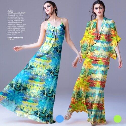 135cm wide 6mm print anti-wrinkle silk chiffon clothes dress scarf fabric blue and yellow available