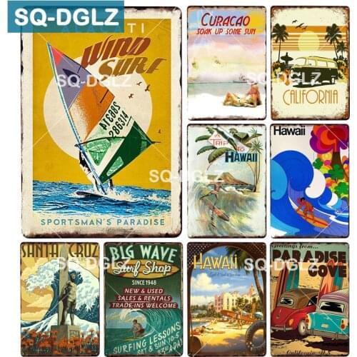 [SQ-DGLZ] California Metal Tin Sign BIG WAVE Surf Shop Plaque PaintHawaii Wall Decor Beach Painting Plaques