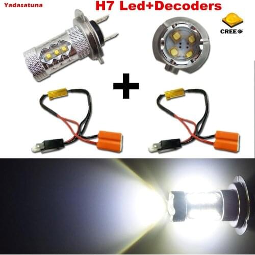 2Pcs H7 Led Bulb High Power 80W for Fog Lights or Daytime Running Lights DRL 6000k White+2Pcs Error Decoder Canceler