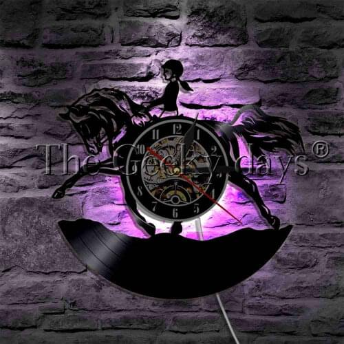 Horsewoman Equestrianism LED Light Vinyl Record Wall Clock With LED illumination Horse Riding Jumper Fence Girl Wall Lamp